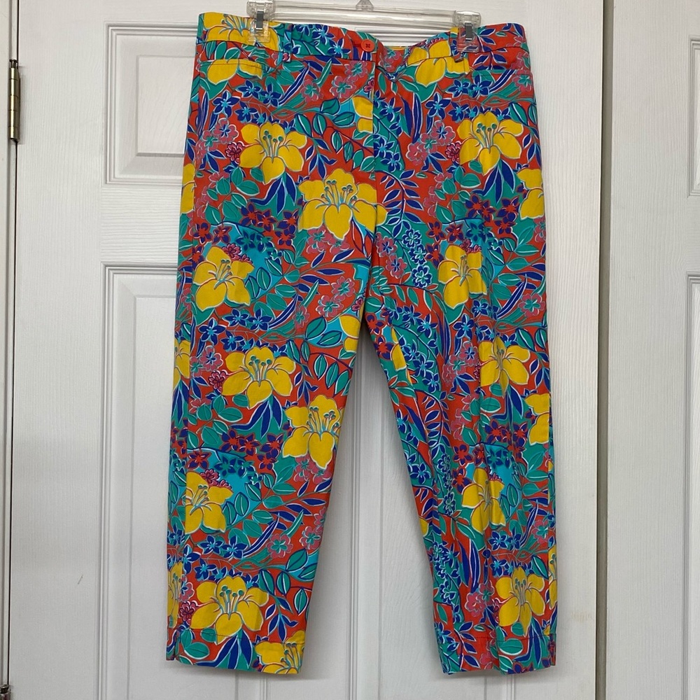 Talbots Perfect Skimmer Colorful Tropical Floral Print Cropped Pants Sz 14